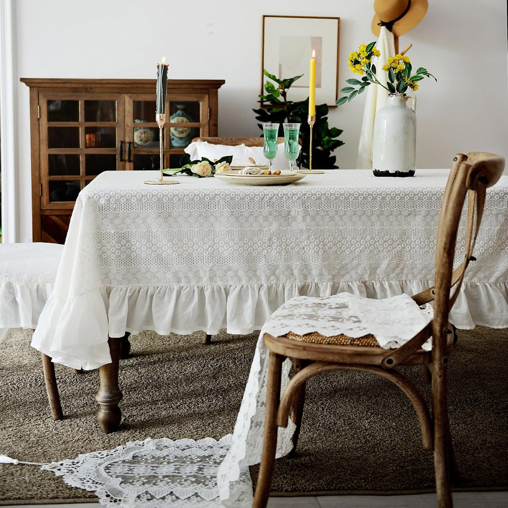 French White Cotton Tablecloth Ruffled Lace Embroidered Fabric Tablecloths Rustic Rectangular Washab