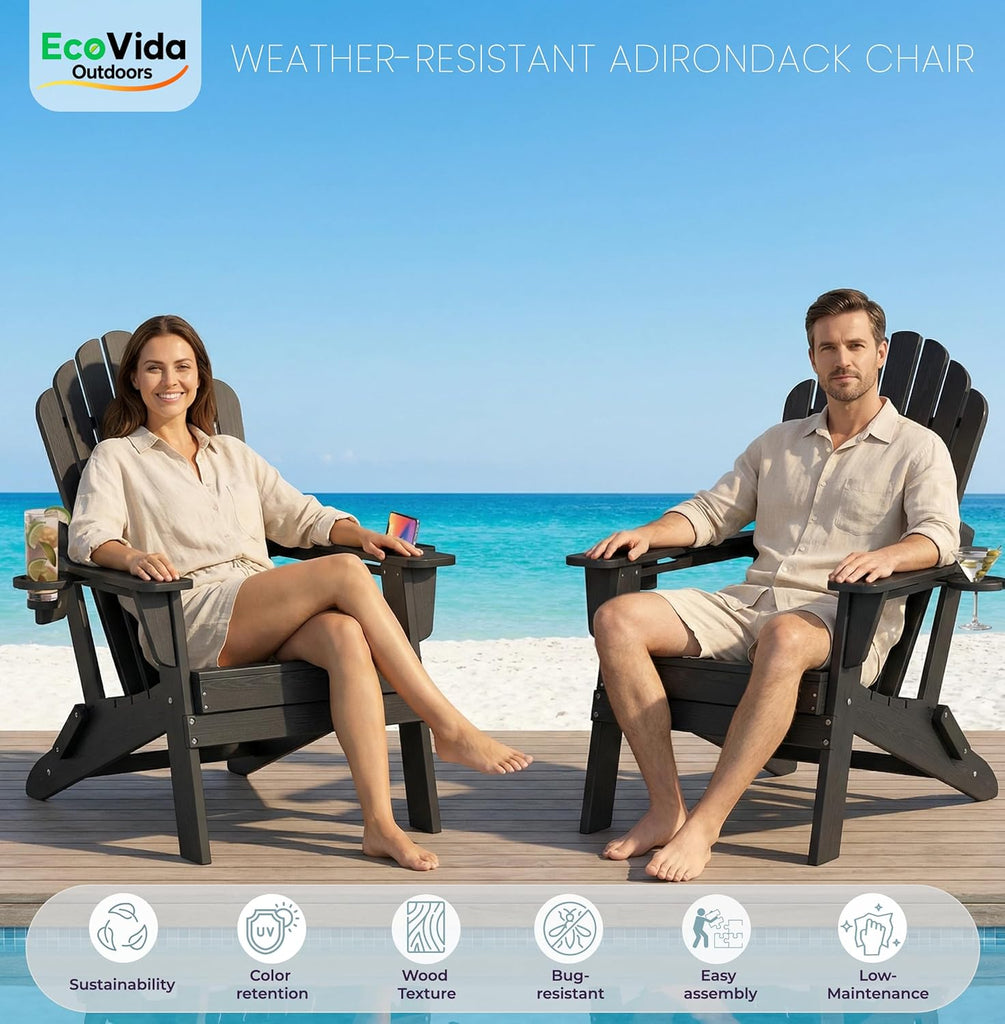 HDPE Folding Adirondack Chair with Dual Cup Holders, Black | Ergonomic High Back HDPE Fire Pit Chair, 380lbs Capacity