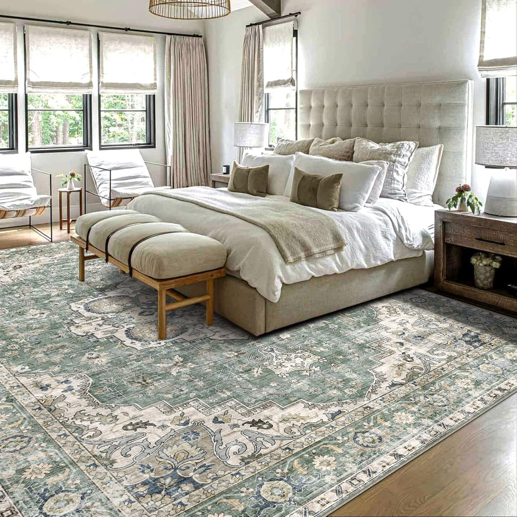 Area Rugs 9x12 Living Room - Large Washable Sage Green Boho Rugs