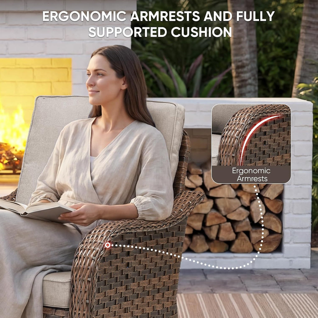 Patio Wicker Swivel Chairs -3 Piece Outdoor Swivel Rocking Chairs with Rattan Side Table, Ergonomic Design for Porch