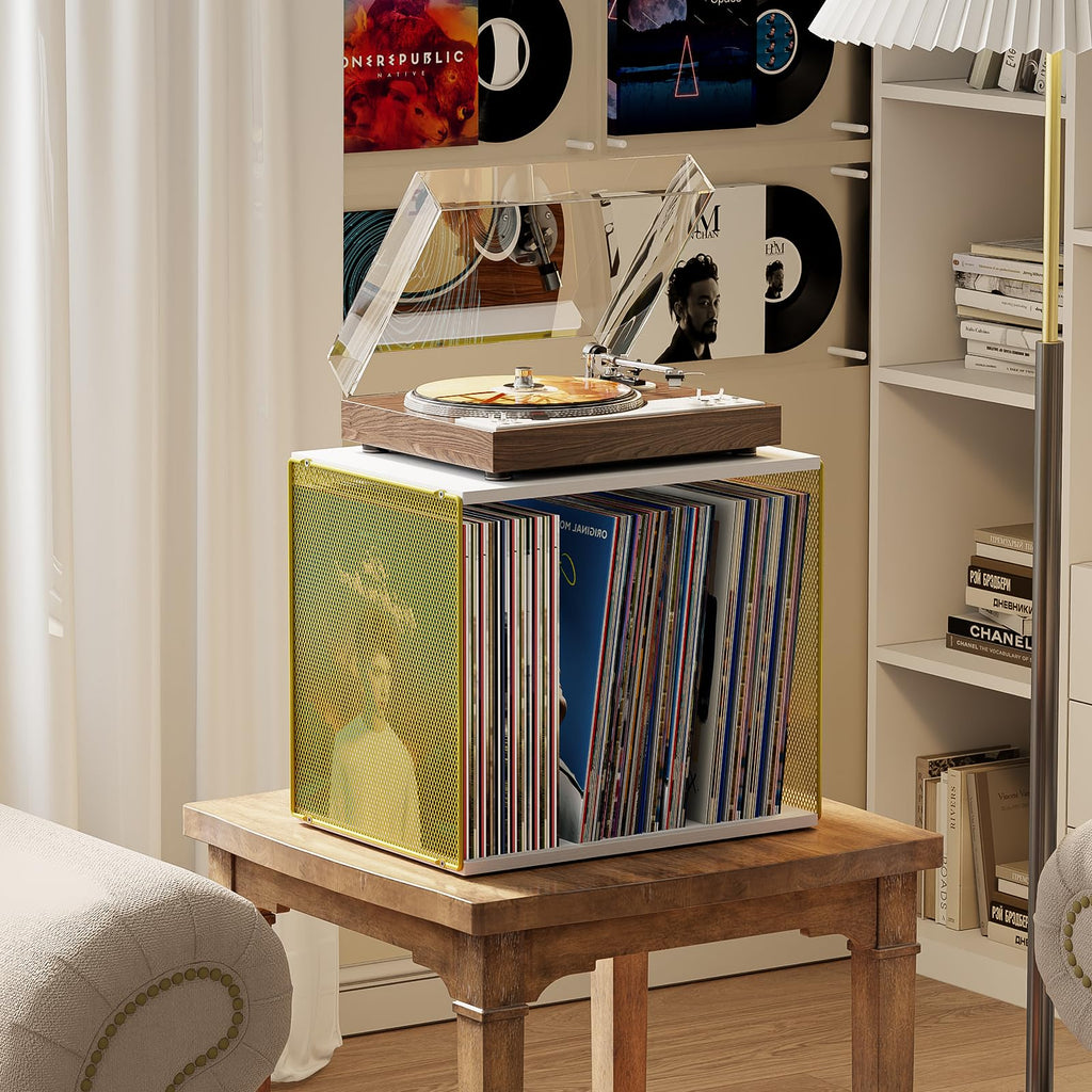 1 Cube Vinyl Record Storage, Wooden Stackable Record Crate, White & Gold
