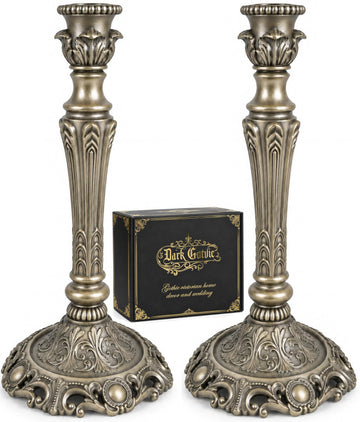 Gothic Victorian Candlesticks 2-Pack Aged Silver Metal Taper Candle Holders