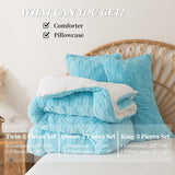 Fluffy Comforter Set King, Light Blue Winter Fleece Comforter Ultra Soft & Extra Pluffy Plush Comforter Set