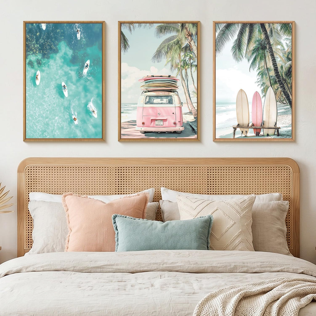 Summer Surfboard Beach Framed Canvas Wall Art Set,Modern Ocean Surfing Seascape Wall Decor,Coastal Bus Coconut Tree