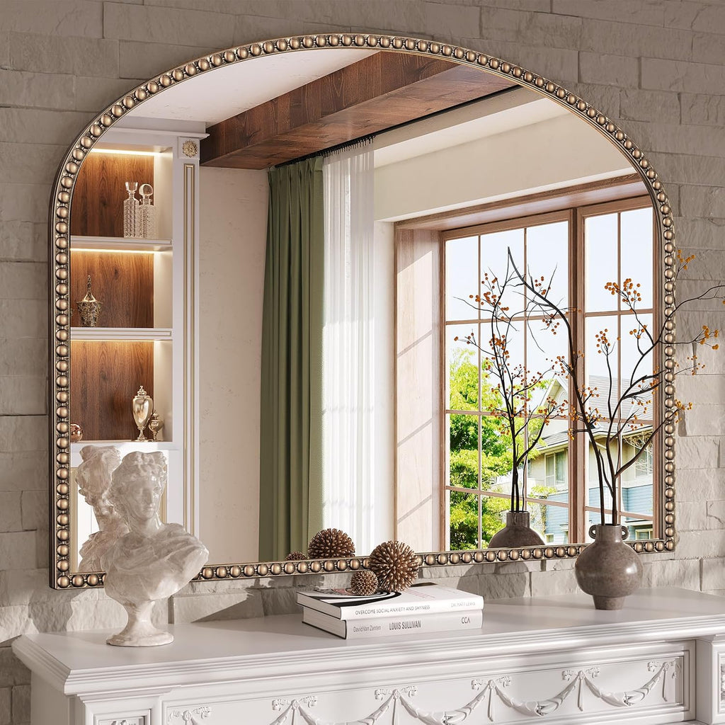 Arched Antique Gold Mirror with Beaded, 28"x36" Decorative Wall Mirrors, Champagne Bronze Brass Frame Vintage Mirror