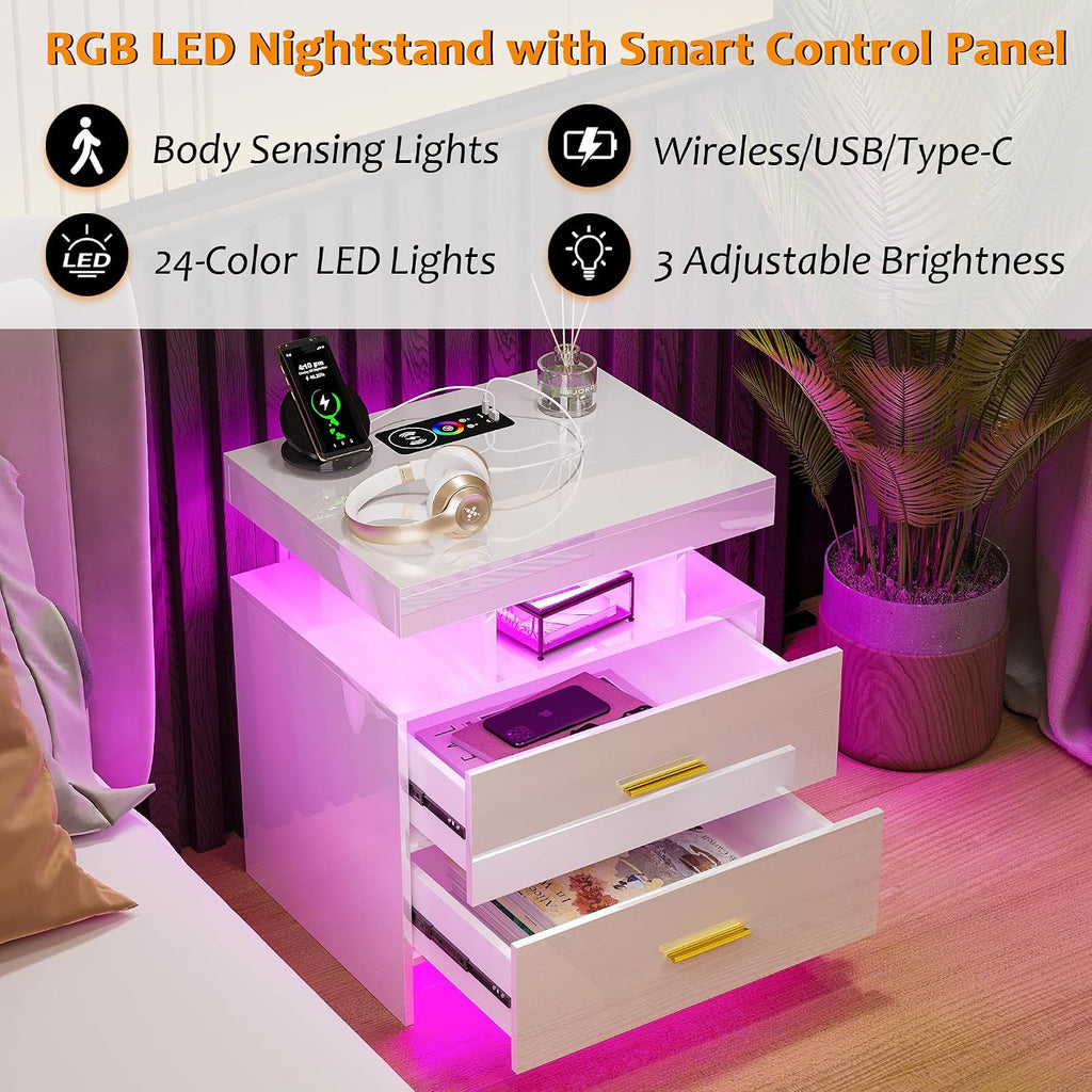 Night Stand Set of 2 with RGB Lights, LED Nightstand with Charging Station, Modern Bedside Table with 2 Drawers