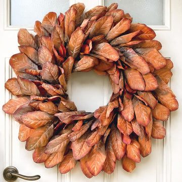 26" Artificial Fall Magnolia Leaf Wreath for Front Door Decoration (Orange)