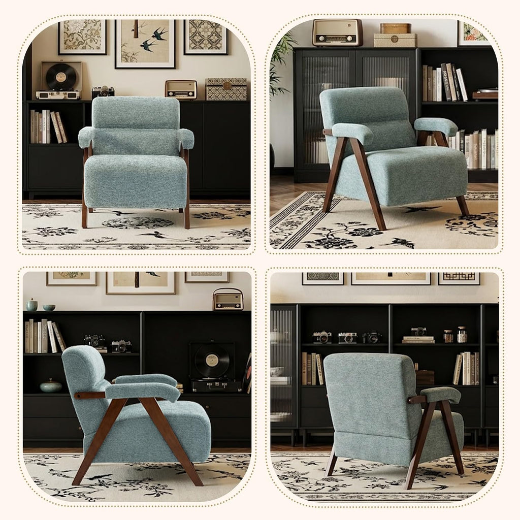 Mid Century Modern Accent Chair, Upholstered Comfy Armchair with Thick Cushion & Solid Wood Frame, Tufted Reading