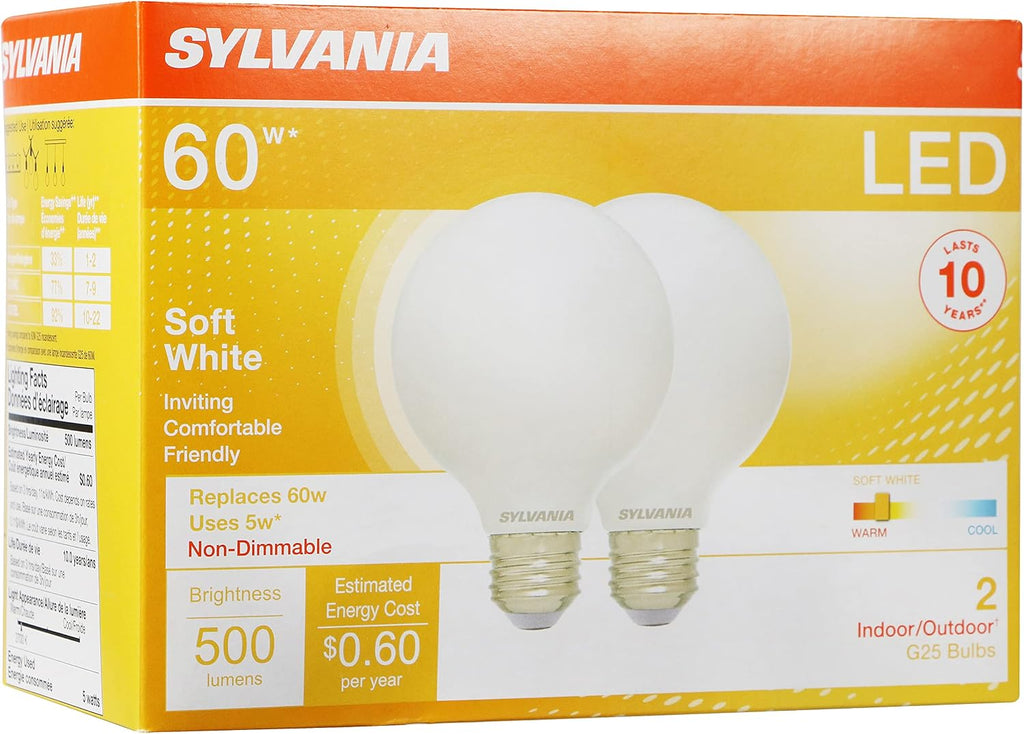 G25 Globe Décor LED Light Bulb, 60W Equivalent Efficient 5W, 10 Year, Non-Dimmable, 500 Lumens, 2700K, Soft White