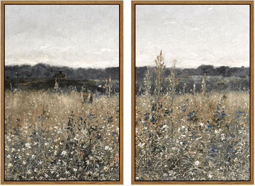 2 Pcs Framed Wall Art Vintage Landscape Decor, Meadow Scenery Paintings Above Bed Wall Decor, Canvas Prints, Living