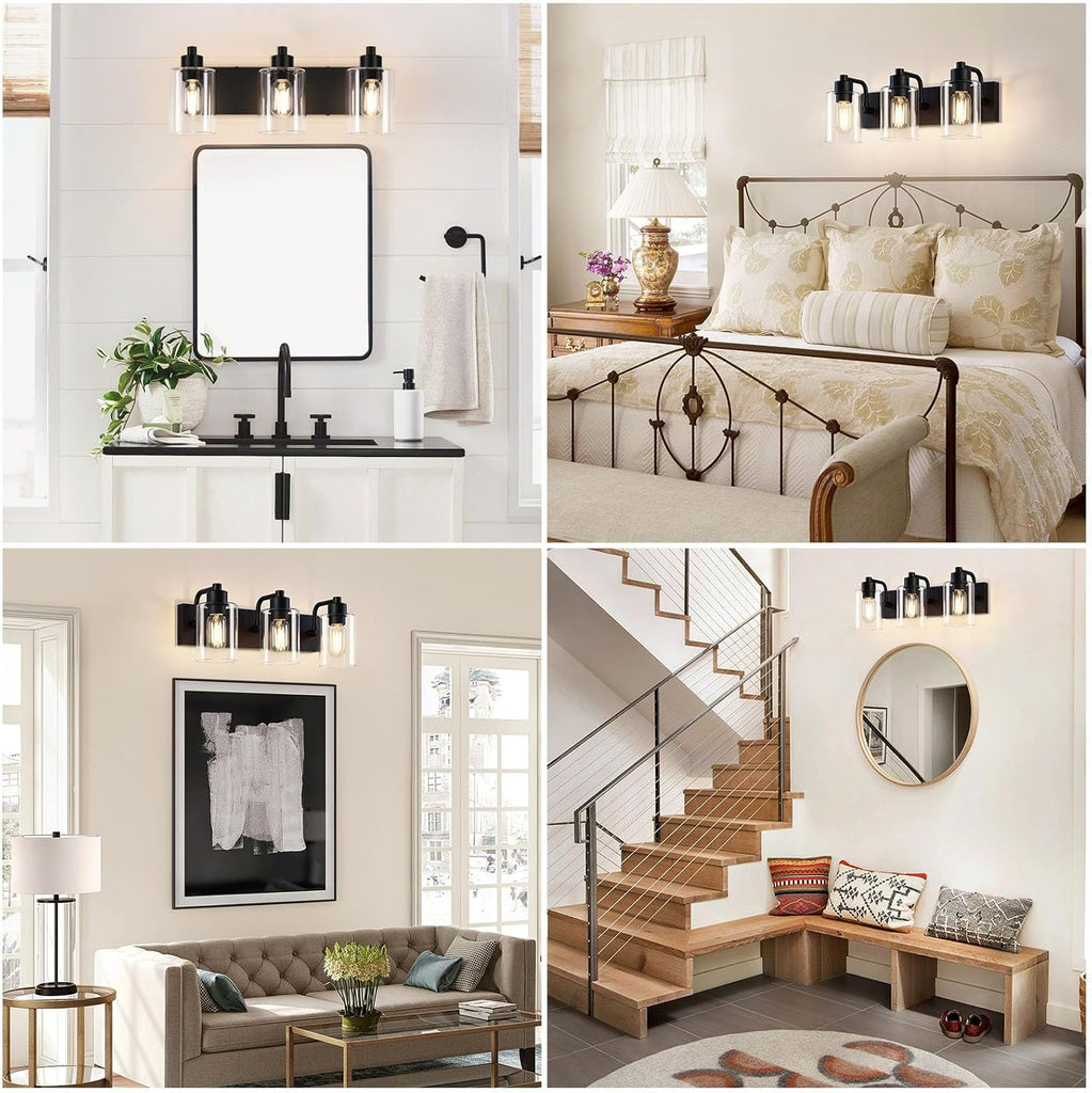 Bathroom Light Fixtures,Matte Black 3-Light Bathroom Lights Over Mirror with Clear Glass Shade,Wall Sconces Living