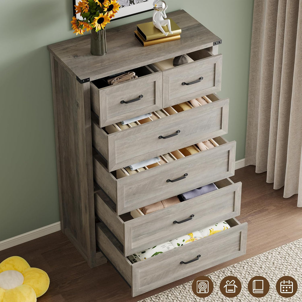Tall 6-Drawer Dresser , Modern Wooden Chest of Drawers with Metal Handles, Anti-Tipping Design, Sturdy and Stable