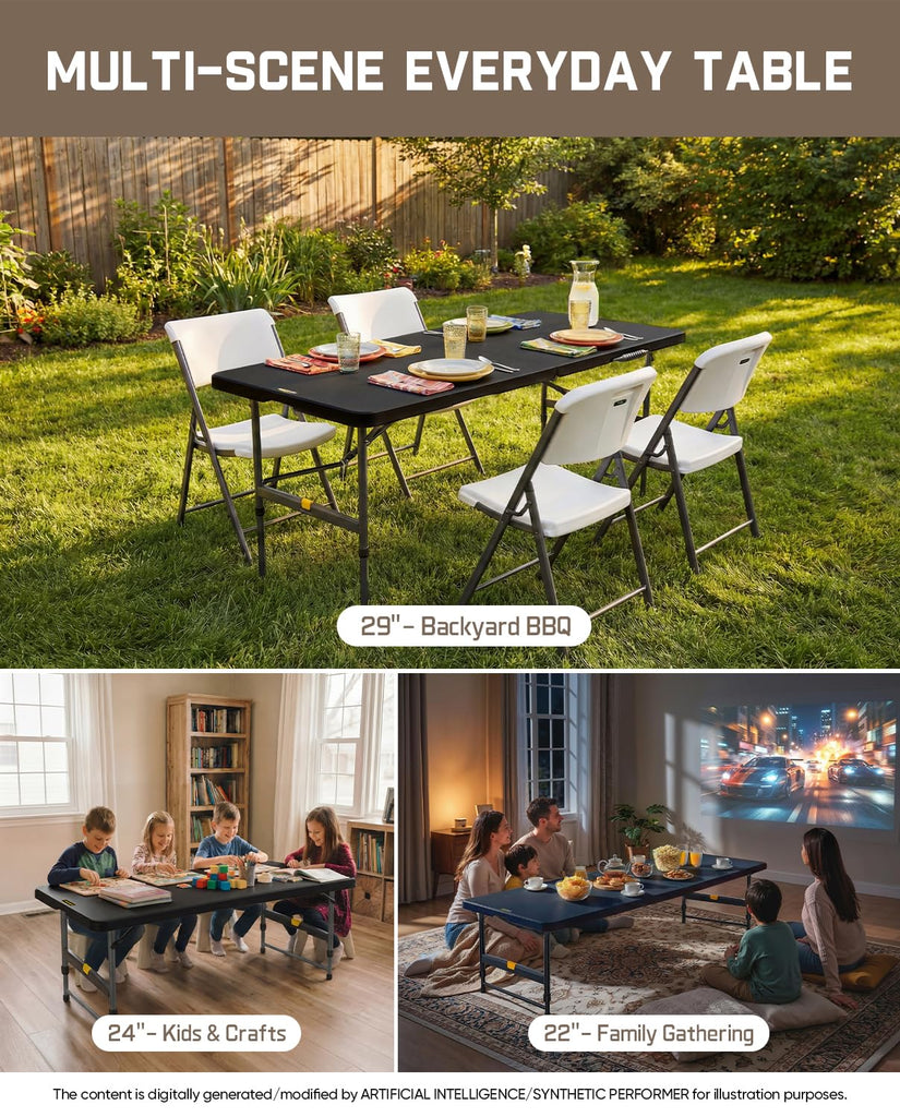 Folding Table Plastic 6ft Quick Adjust 3-Height Picnic Party