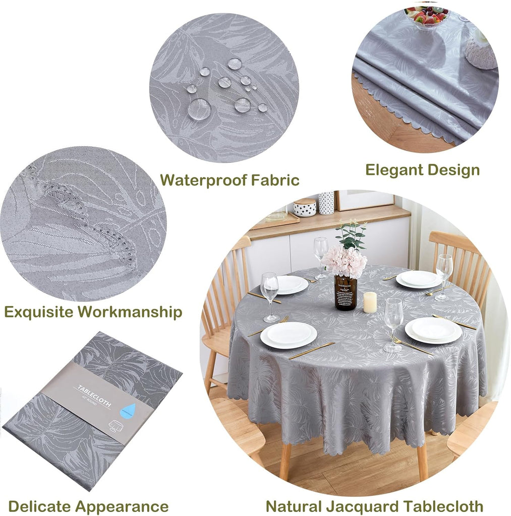 Jacquard Round Tablecloth 60 Inch Grey Table cloth Leaves Pattern Scalloped Edge Silky Soft Waterproof Wrinkle
