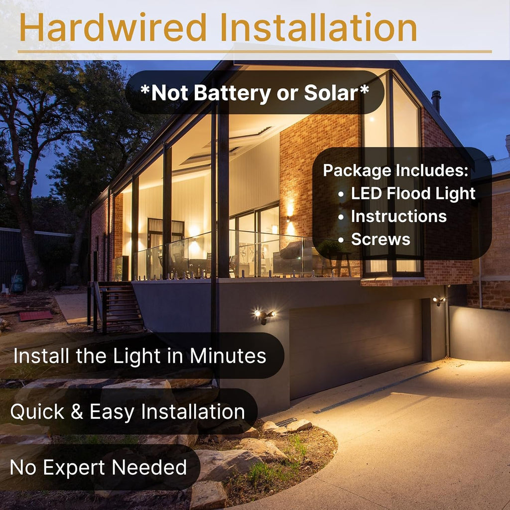 LED Black Motion Sensor 2-Light Bullet Flood Light- 3000K Adjustable Dual Head Outdoor Security Light, Dusk to Dawn