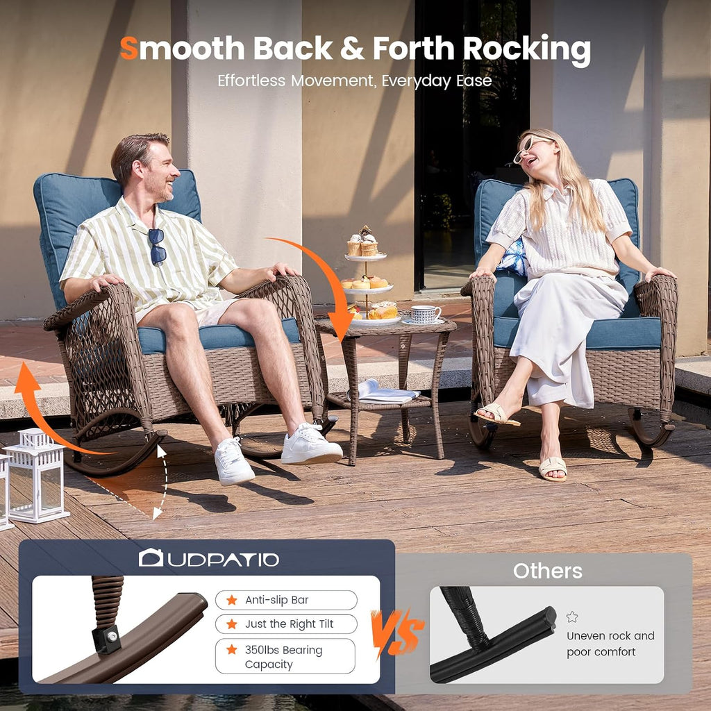 Rocking Chair Outdoor Set 2 w/Coffee Table, 3 Pc Wicker Bistro Set | Rocking with 4" Water-Resistant Cushions