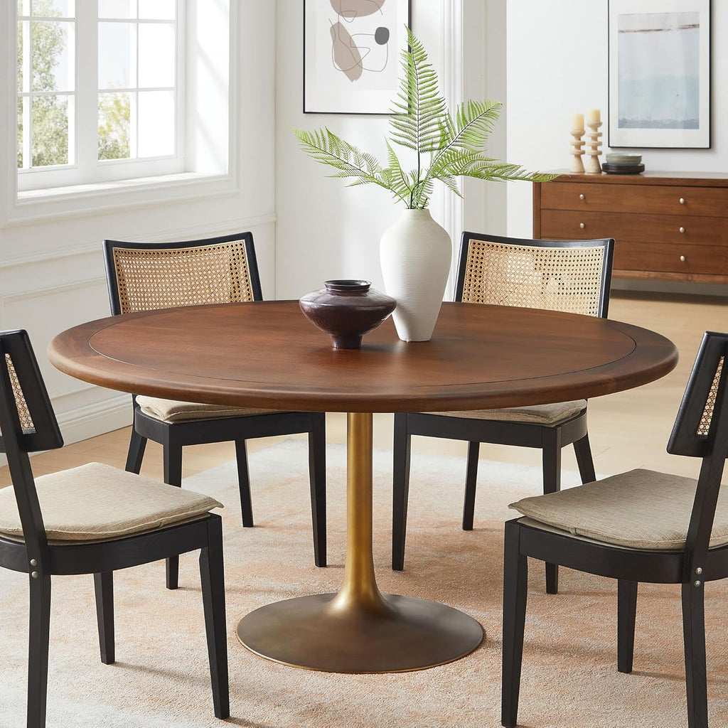 Inspired Saarinen Style Tulip Round Pedestal Dining Table — Brass Base / Walnut Top, 60″ Round