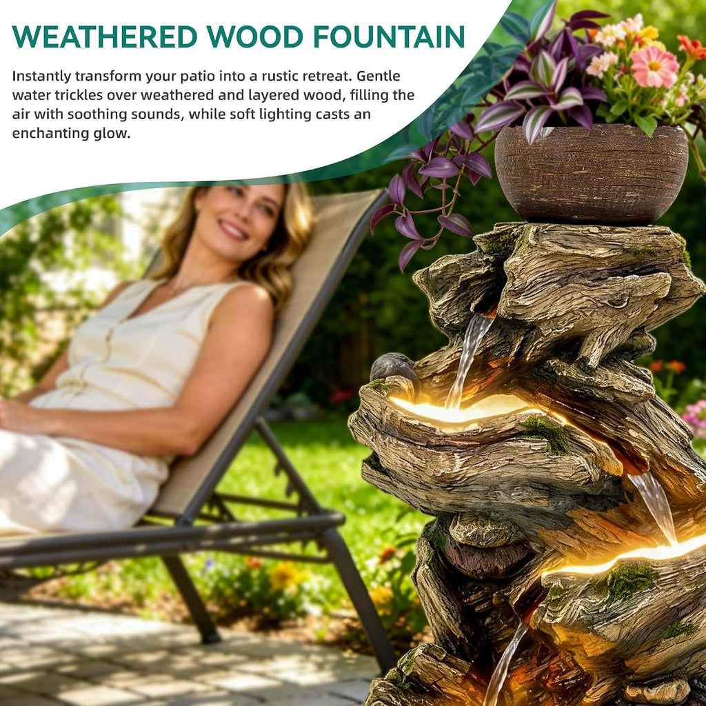 33" Rustic Tree Trunk Outdoor Water Fountain with Planters, Handcrafted 5-Tier Cascading Water Feature with Moss &