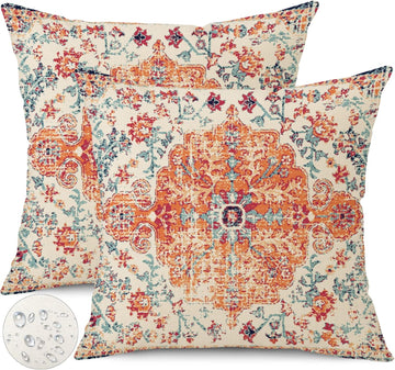 Outdoor Waterproof Pillow Covers 18X18 Inch Set of 2 - Bohemian Vintage Carpet Pattern Orange Blue Ethnic Design