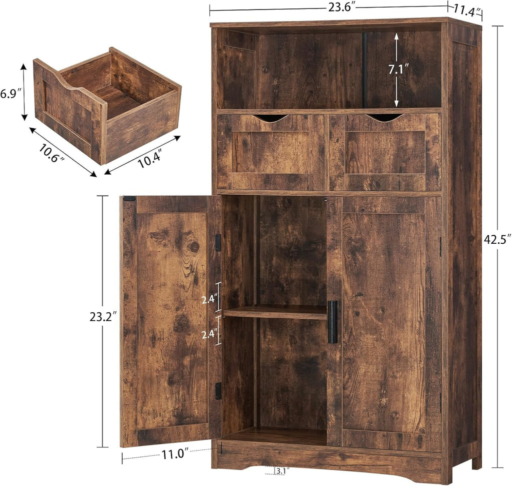 Storage Cabinet with 2 Drawers & Adjustable Shelves, Cupboard, Floor Cabinet , Rustic Brown