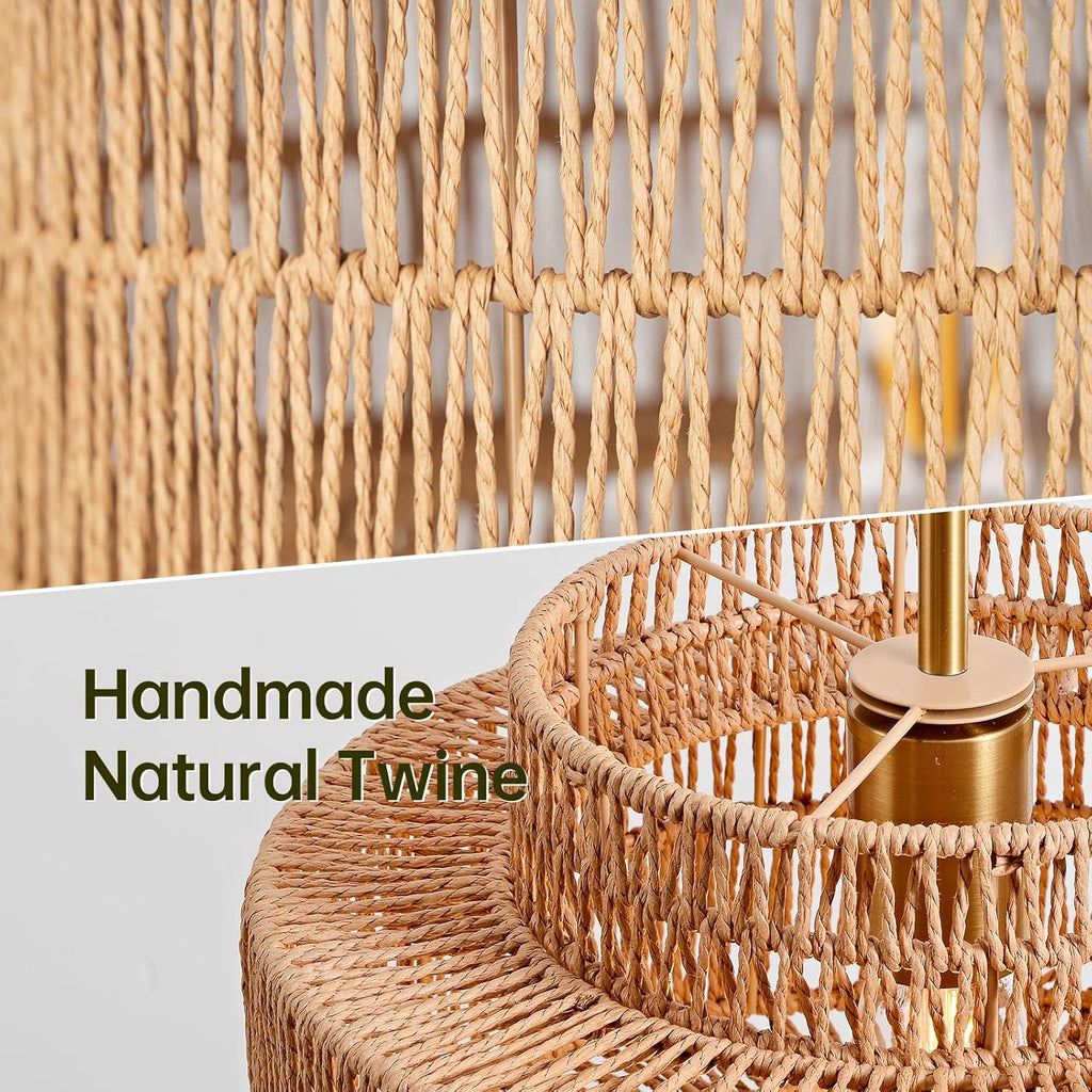 12.4" Boho Rattan Chandelier Light Fixture, 1-Light Hand Woven Pendant Light Fixture Farmhouse Rustic Hanging Lamp