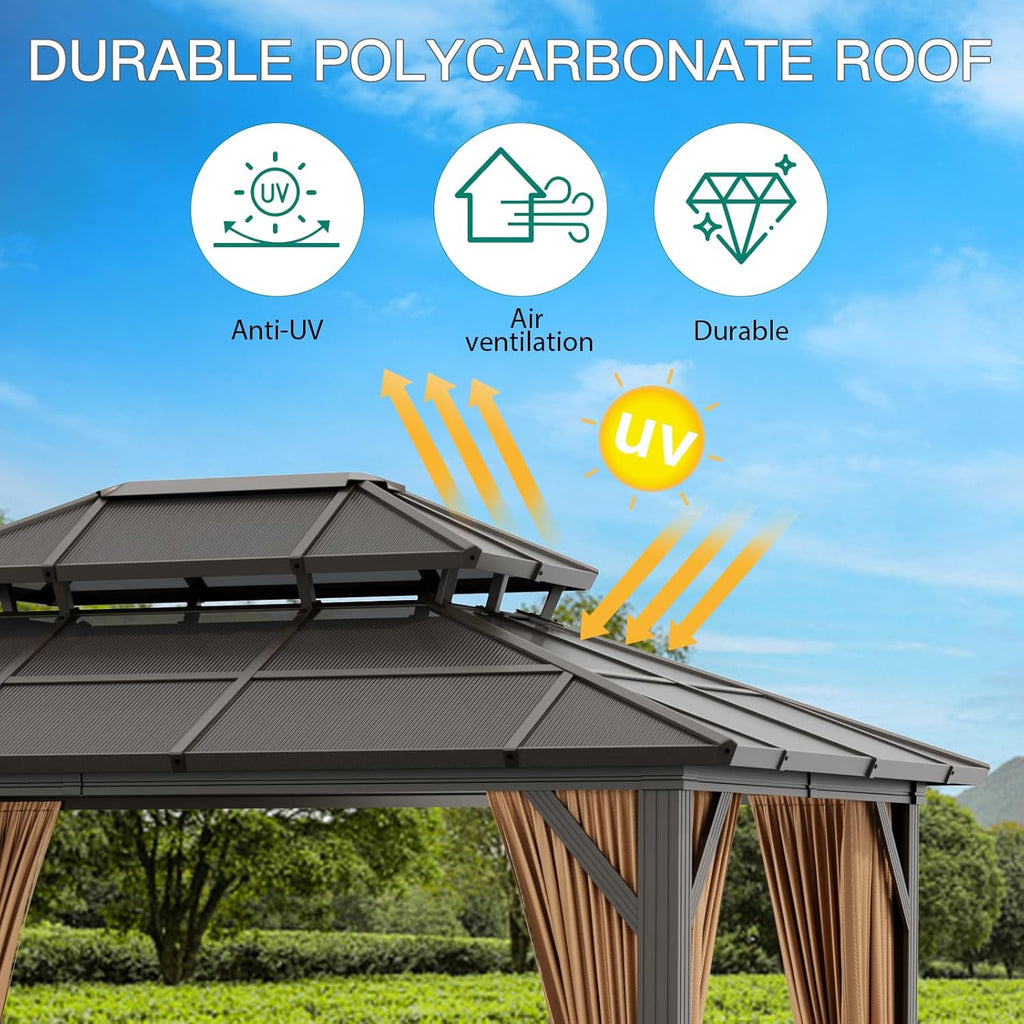 10'x12' Hardtop Gazebo, Outdoor Polycarbonate Double Roof Canopy