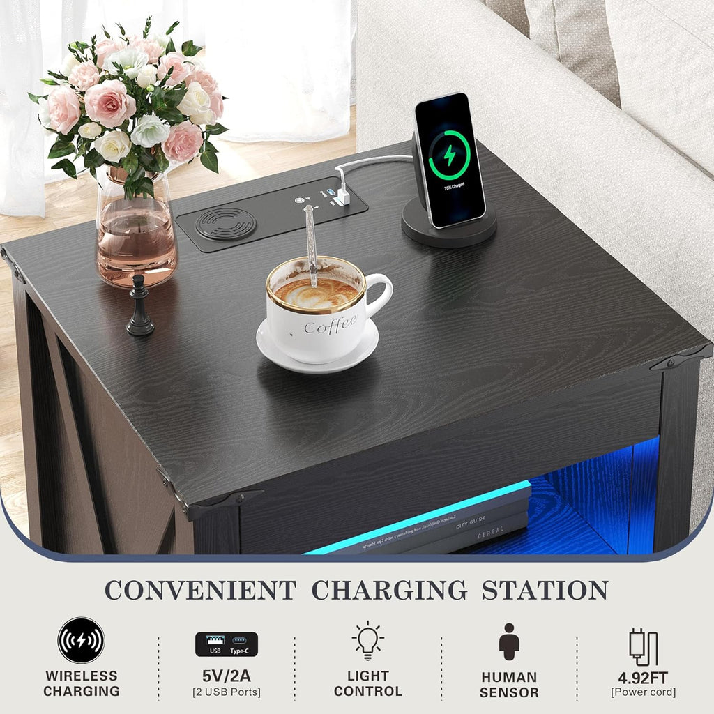 Farmhouse LED Nightstand with Gun Drawer&Invisible Lock,Modern Bedside Table with Human Sensor Design,Rustic Side