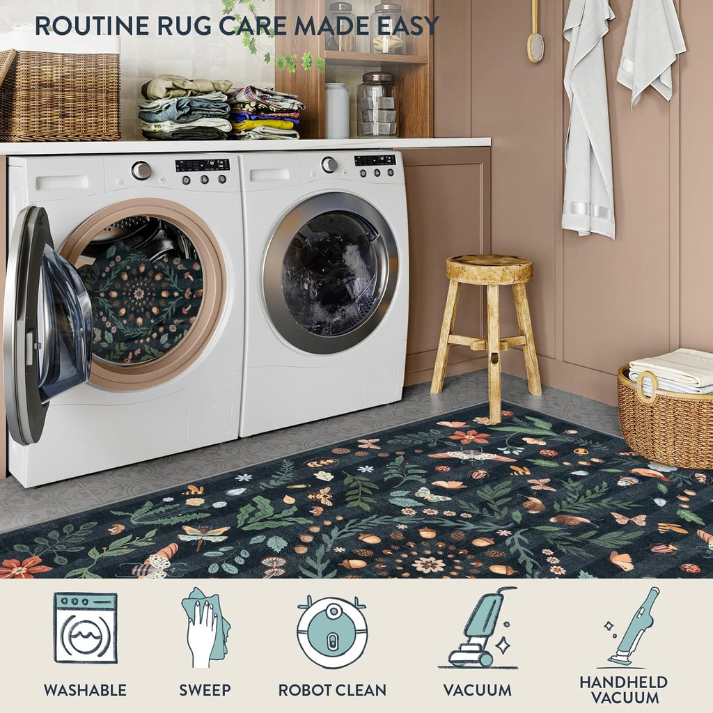 Insect Botanical 2'6"x10' Black Runners for Hallways, Non Slip Washable Kitchen Bathroom Carpet Runn