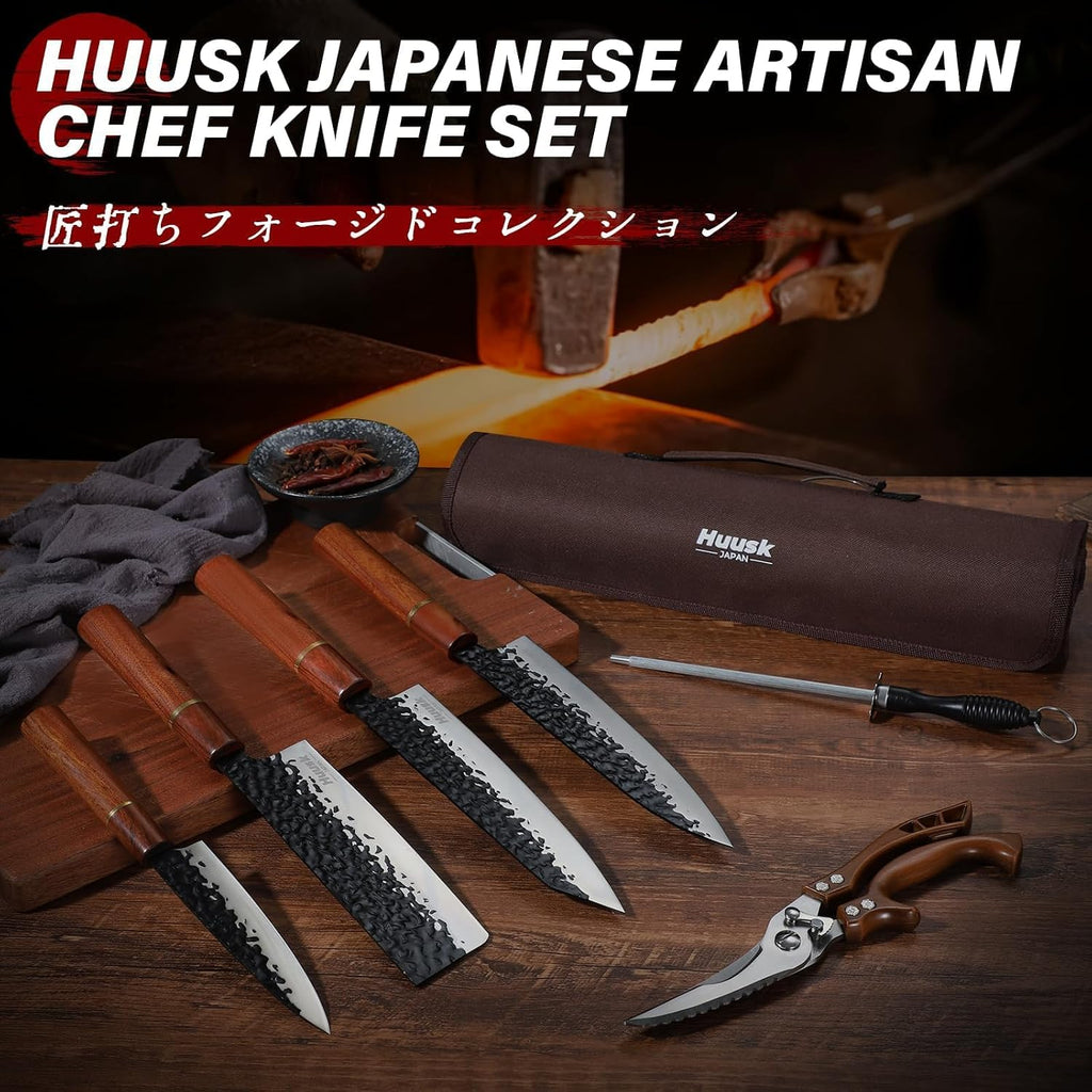 Japanese Knife Set 6pcs with Covers - Professional Chef Knife Set | Bag & Sharpener, High Carbon Steel Forged Knives