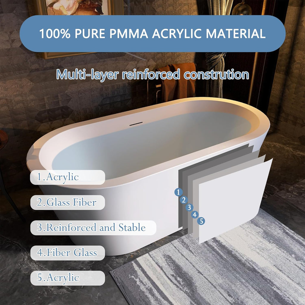61 in. x 31 in.Classic Oval Acrylic Free Standing Tub, Heavy Duty Deep Soaking Tub, Bathroom Stand Alone Tub