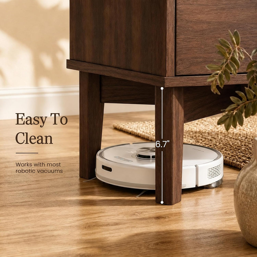 26-Inch Tall Mid Century Modern Set of 2 Nightstands, Dark Walnut | Dual charging stations, 2 drawers per table