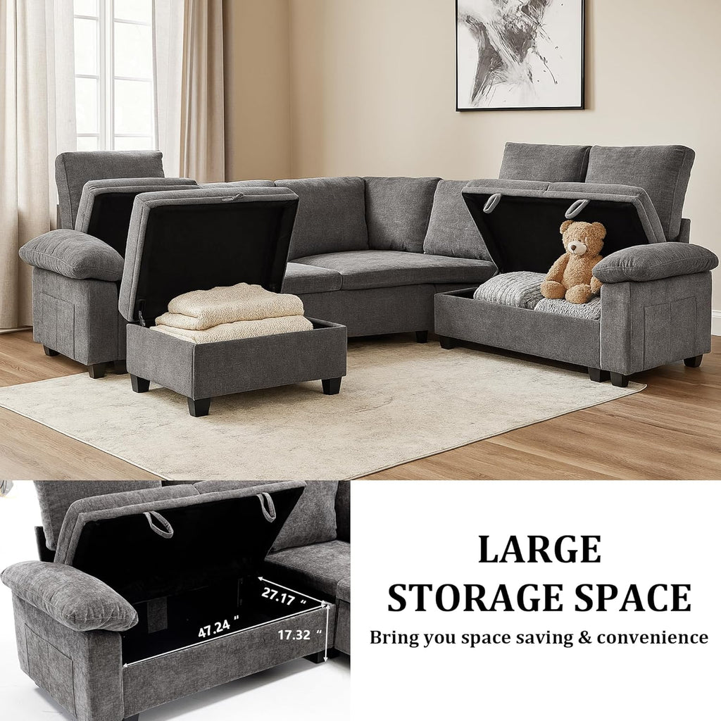108 Inch Sectional Sleeper L Shaped Sofa with Pull Out Bed, 7 Seat Modular Sectional Sofa with Storage