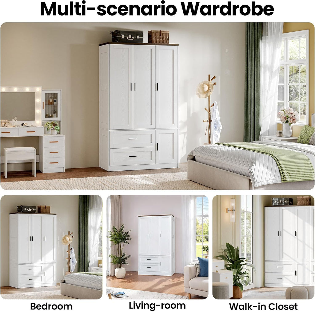 3-Door Armoire Wardrobe Closet with 2 Drawers and Shelves, White | Modern Farmhouse Style / Hanging Rod / Adjustable