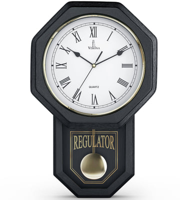 Pendulum Wall Clock, Real Wood Regulator Clock, Black, Quiet Non-Chiming