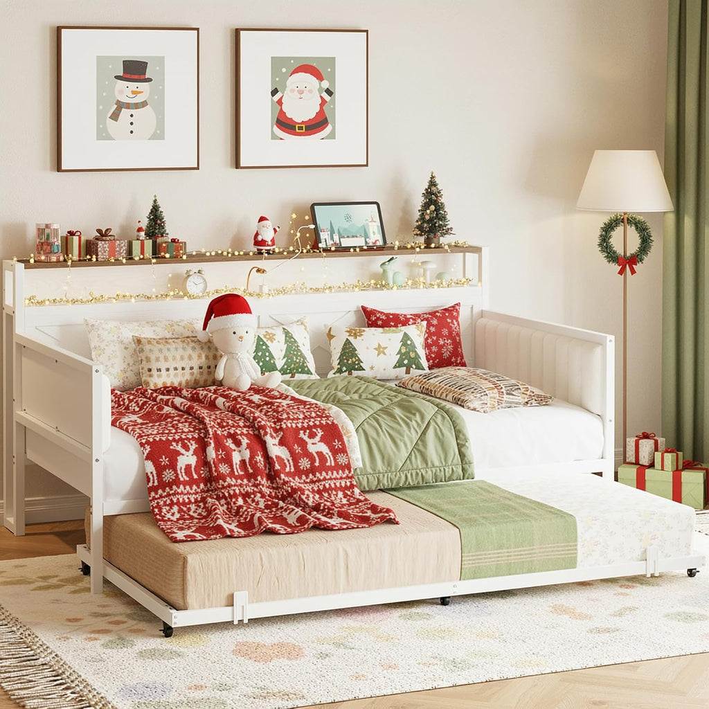 Daybed with Trundle, Sturdy Metal Twin Bed Frame with X-Shaped Frame, Upholstered Farmhouse Daybed with Charging