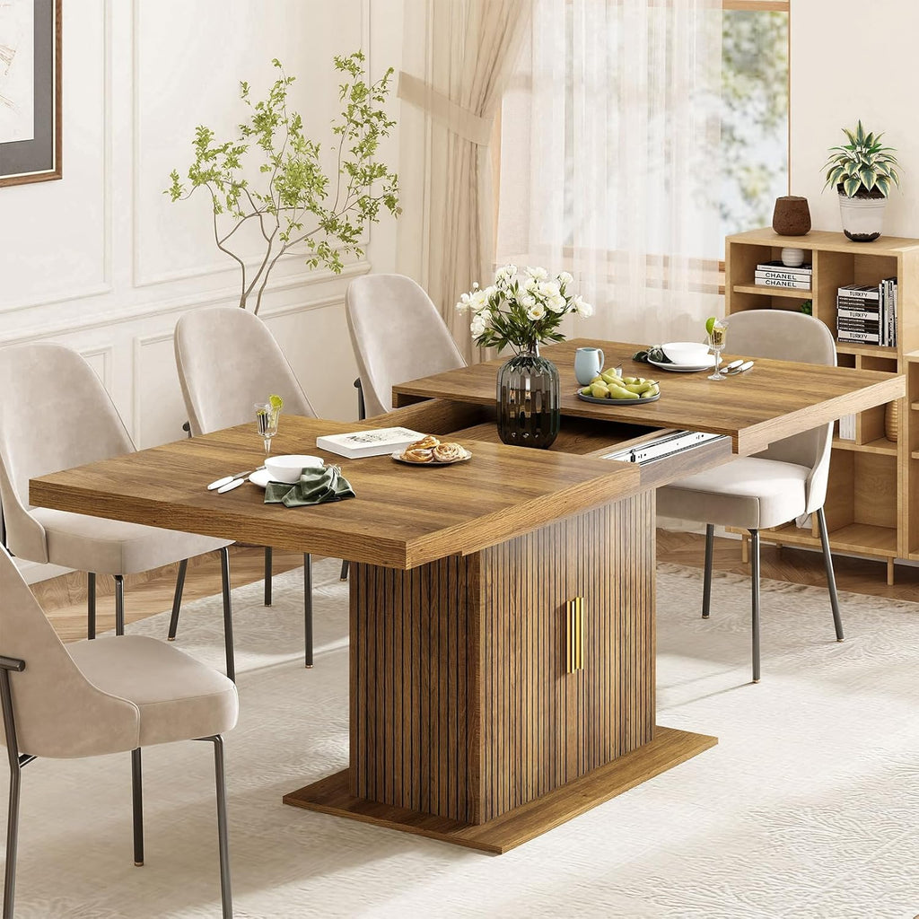 62.99"-78.74" Expandable Dining Table with Storage, Extendable Dining Table for 6-10 People, Extra Hidden Storage for Tableware & Wine, Modern Farmhouse Table for Kitchen Living Room-Brown