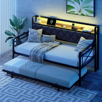 Full Daybed with Trundle Bed, Upholstered Day Bed with LED Light & Charing Station, Sofa Bed Frame with Storage