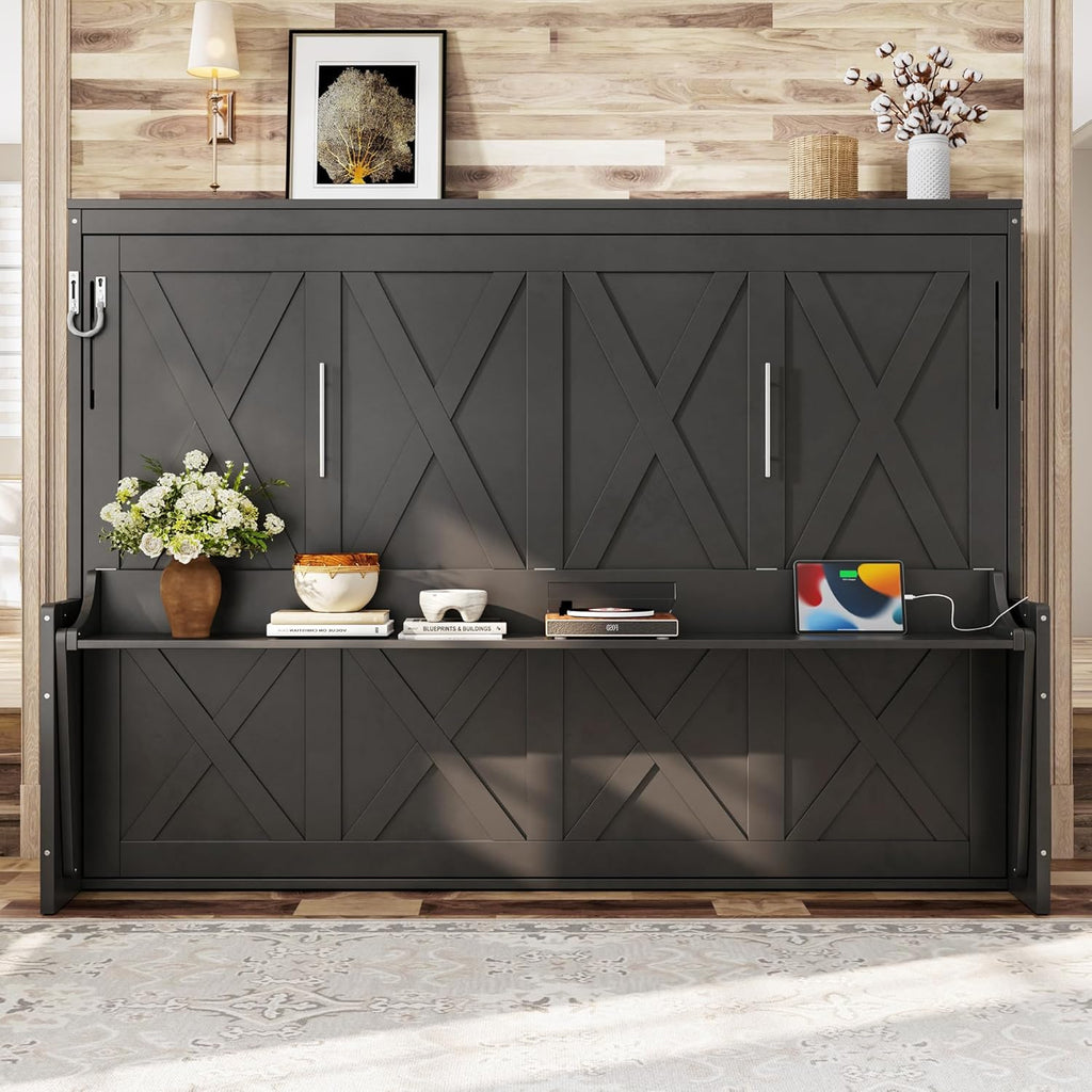 Queen Horizontal Cabinet Murphy Bed with Desk & USB Charging Station, Foldable Hideaway Wall Bed Frame with Solid