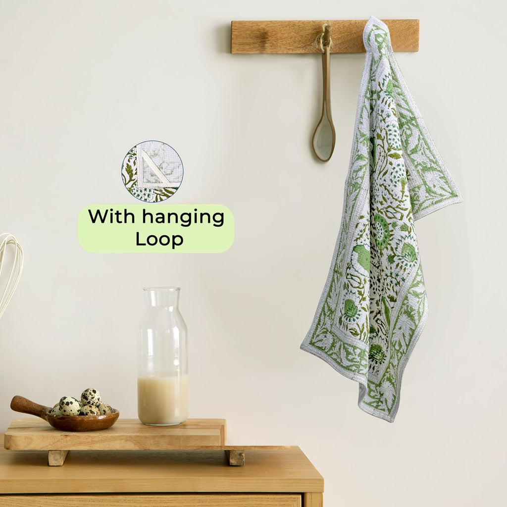 Agate Green Hand Block Print Waffle Kitchen Towel Set of 3-16 x 28 Inch Ultra Absorbent Quick Dry Cotton Dish