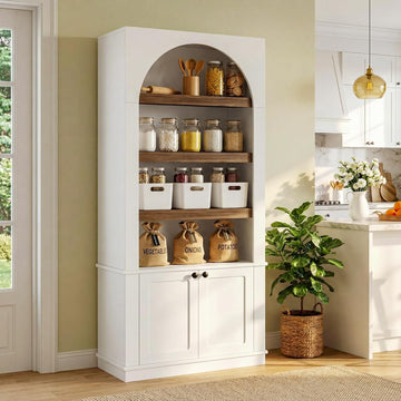 71'' Tall White Bookcase, 6-Tier Modern Arched Bookshelf with Doors