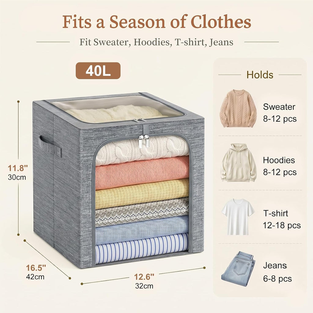 Clothes Storage Bins with Metal Frame for Closet, 40L 6-Pack Grey | Sweaters Hoodies Jeans T-Shirt, Closet Top Shelf