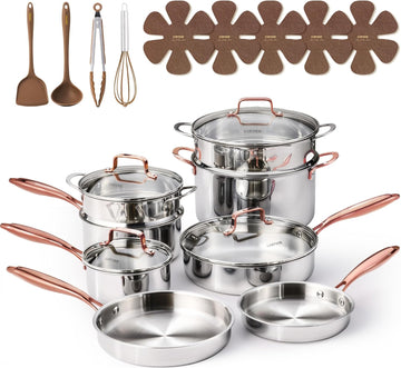 21pcs Tri-Ply Stainless Steel Cookware Set, Pots and Pans Set, Non Toxic Induction Kitchen Cooking Sets, Gold