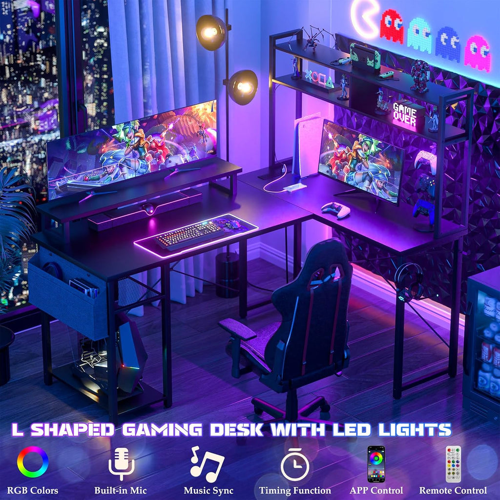 Small L Shaped Desk Gaming Desk with LED Lights & Power Outlets | Reversible L-Shaped Computer Desk with Monitor
