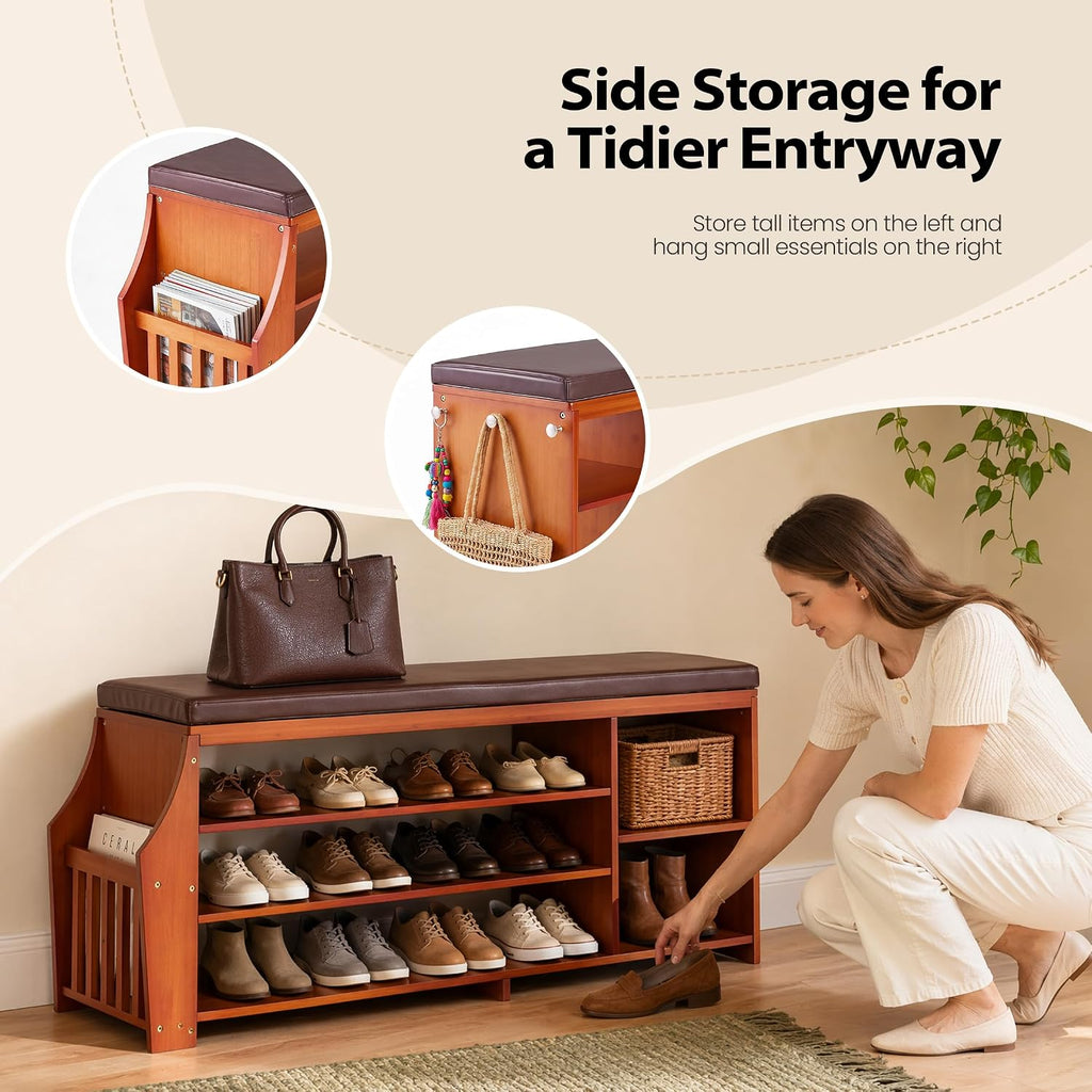 50" Bamboo Shoe Storage Bench with Padded Faux Leather Seat and 550 lbs Capacity, 3-Level Adjustable Shelf, Side