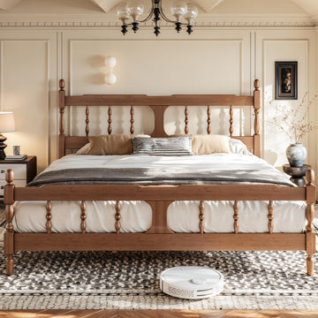 King Vintage Wood Spindle Post Bed, Bamboo Platform Bed, Brown