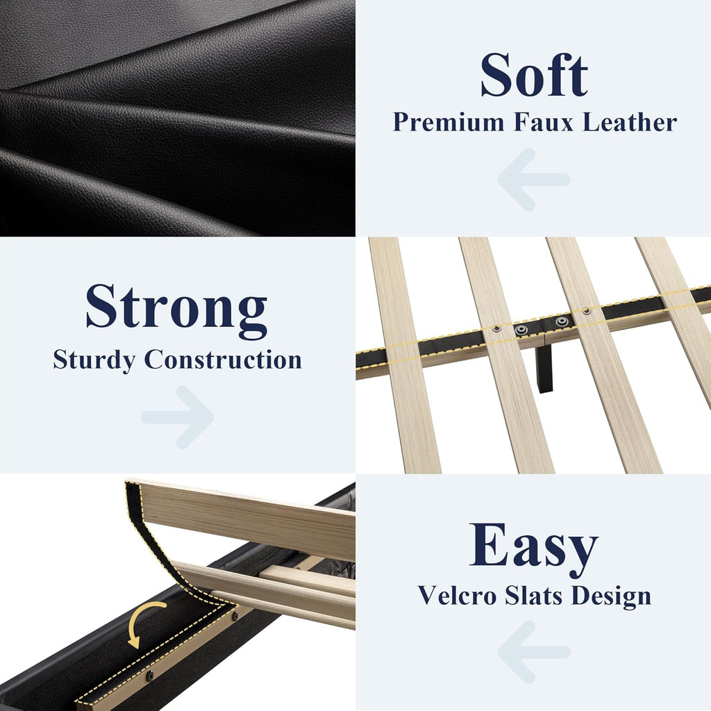 Queen Bed Frame with Adjustable Headboard, Faux Leather Platform Bed with Wood Slats, Heavy Duty Mattress Foundation