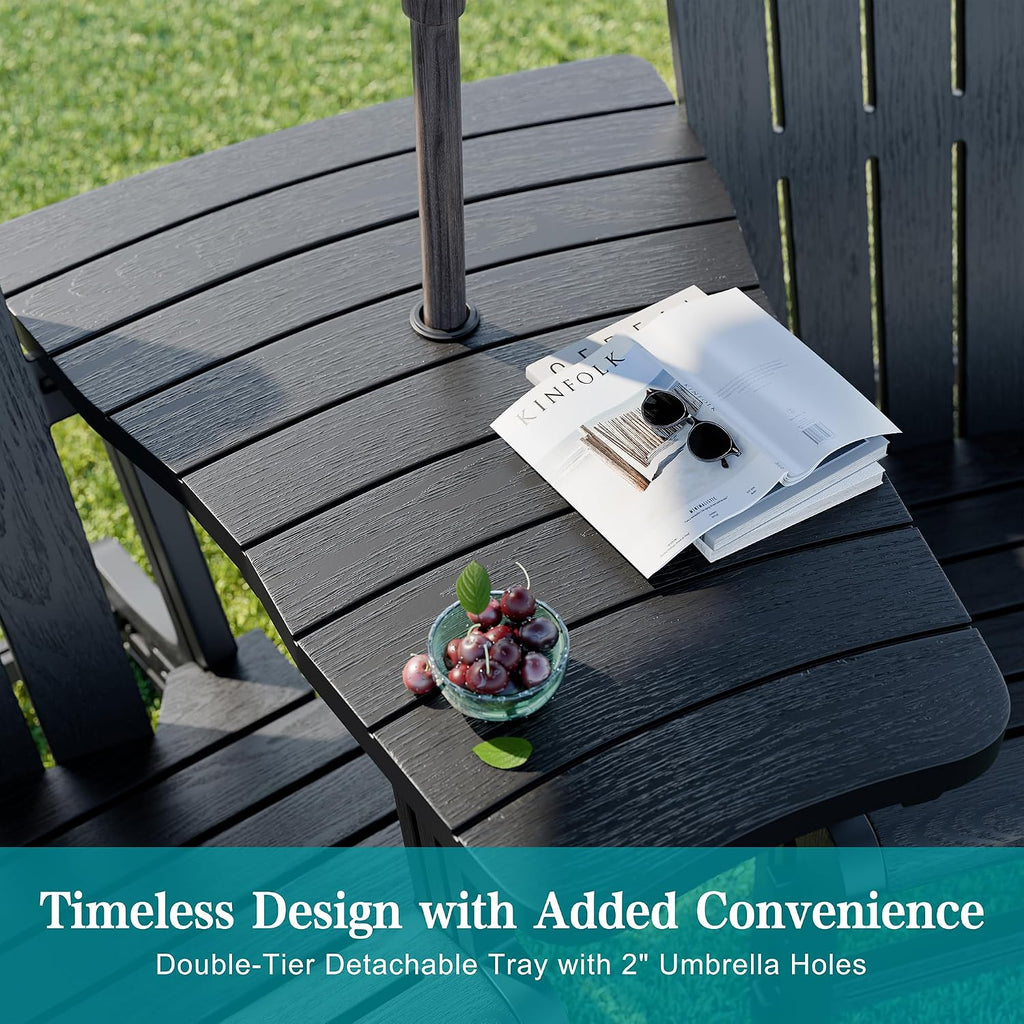 Outdoor Adirondack Chair Set of 2, All-Weather HDPE Patio Furniture with Detachable Table, Wood Texture & Cup