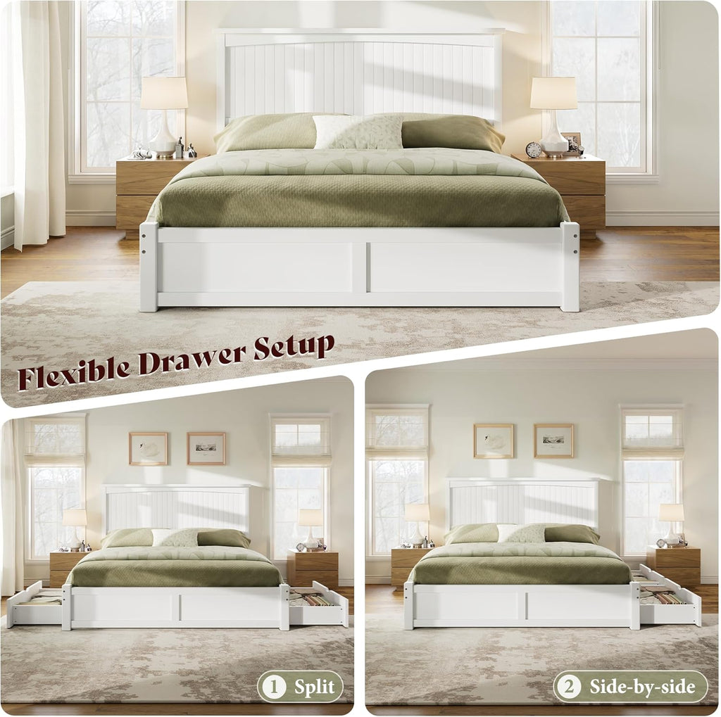 Solid Wood Full Storage Bed Frame with Headboard, Platform Bedframe with 2 Storage Drawers, Beadboard Design & Wooden