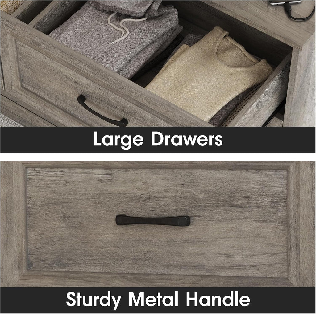 Dresser , 6 Drawer Wide Dresser Organizer with Charging Station, Tall Dresser , Wood Dresser with Metal Handles, Ash