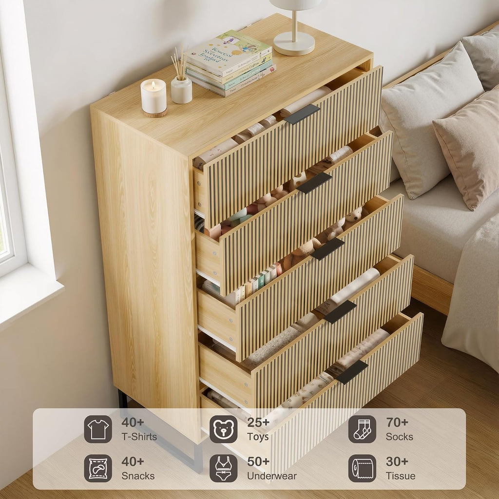 Tall 5 Drawers Dresser , Natural Wood Dresser with Metal Handle, 49.2'' Chest of Drawers Modern Drawer Organizer with